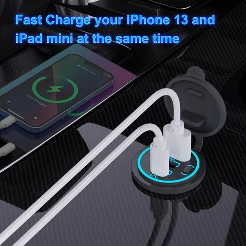 Miniatura 3 de Toma USB de 12V Cable Cargador USB Multipuerto, Dual PD3.0 USB-C y Carga Rápida 3.0 Puerto de Coche con Interruptor de Encendido, Carga Rápida