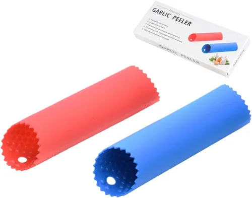 Juego de 2 peladores de ajo de silicona, tubo de rodillo fácil, útil herramienta de cocina sin olor (rojo, azul)