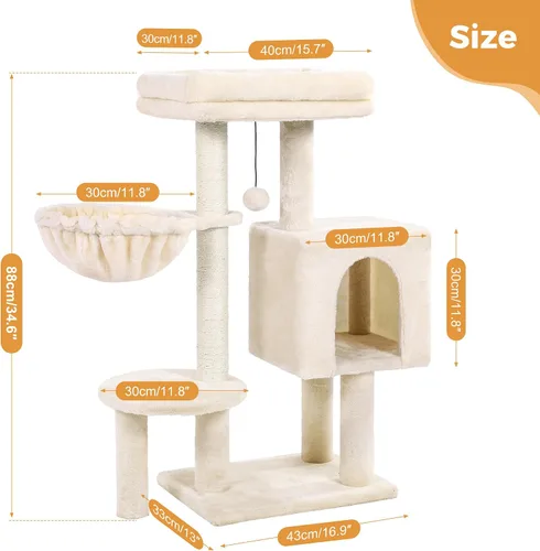 Miniatura 2 de Árbol pequeño para gatos beige torre para gatos con poste rascador de 32 pulgadas con casa condominio para gatos, hamaca acogedora y cama superior
