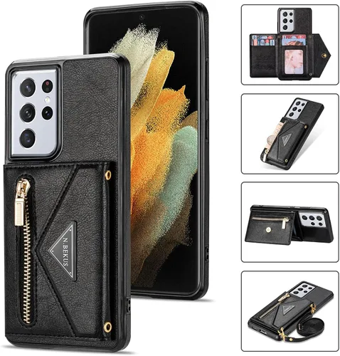 Miniatura 4 de Funda tipo cartera cruzada de piel sintética para Samsung Galaxy S22 Ultra 5G, 6.8 pulgadas, tarjetero, monedero con cremallera y soporte (negro)