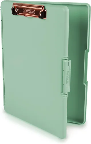 Dexas Slimcase 2 - Portapapeles de plástico con almacenamiento y apertura lateral, color verde espuma con clip dorado, suministros de oficina para