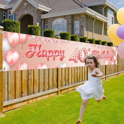 Miniatura 4 de Cartel de feliz cumpleaños número 40 color oro rosa, telón de fondo con globos de confeti para mujeres de 40 años, suministros de fiesta