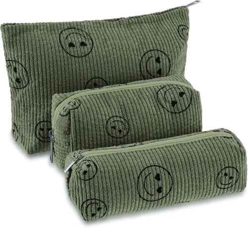 Huhumy Juego de 3 bolsas de maquillaje para mujeres, bolsa cosmética de pana con sonrisa estética, bolsa de viaje para artículos de tocador, linda
