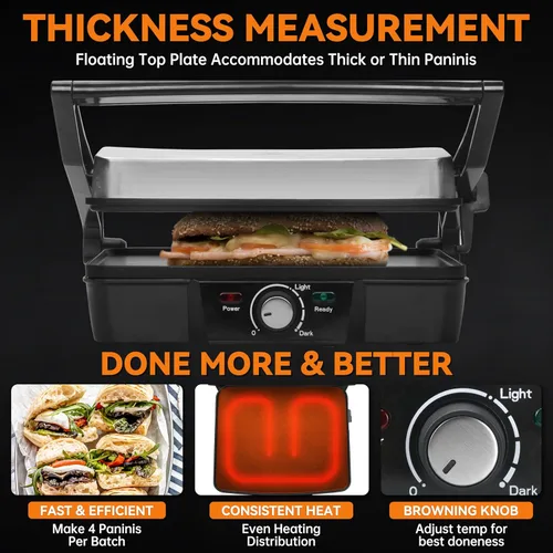 Miniatura 3 de Baker's Friend Prensa Panini Eléctrica Plancha, Prensa Panini Parrilla Sandwichera, Prensa Eléctrica para Queso Fundido, Sandwichera Eléctrica