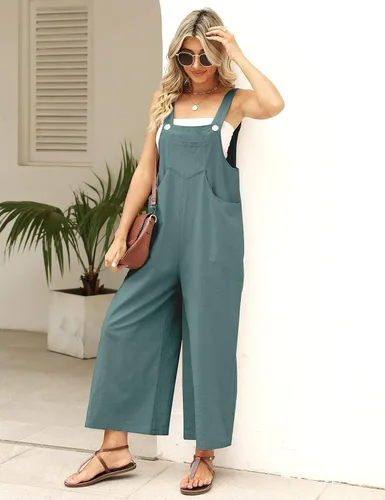 Miniatura 5 de APAFES Overol de verano de algodón y lino negro para mujer, holgado, sin mangas, ajustable, pierna ancha, monos de una pieza