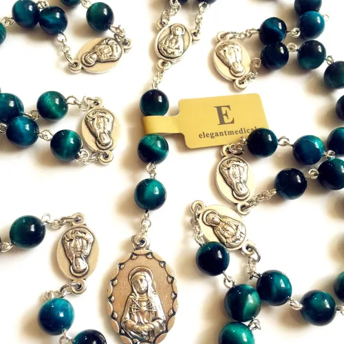 Miniatura 3 de elegantmedical Hecho a mano Rara Pavo Real BuleTiger Eye Jade Cuentas Siete 7 PELÍCULAS MARÍA MEDALLA Rosario Collar Regalos Católicos, Vidrio