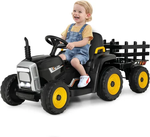 OLAKIDS Tractor de paseo para niños de 12 V, vehículo eléctrico 2 en 1 con control remoto, remolque desmontable, juguete de conducción a batería