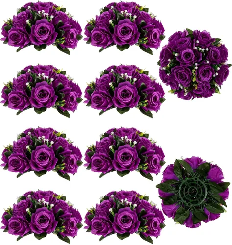 Miniatura 58 de BLOSMON Bolas de flores, centros de mesa de rosas de boda: 2 piezas de flores falsas carmesí decoración de bolas de besos Arreglos florales