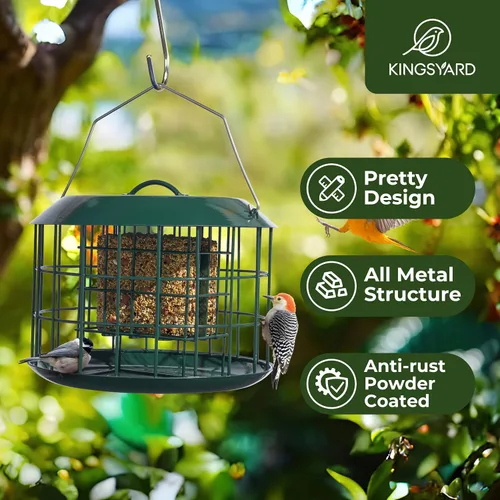 Miniatura 2 de Kingsyard Comedero de sebo a prueba de ardillas, comedero para pájaros en jaula para colgar al aire libre, todo de metal, capacidad de doble sebo