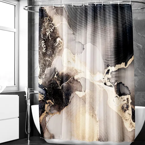 Berkin Arts Juego de cortinas de ducha de 70 x 70 pulgadas, poliéster impermeable con ganchos, pintura de tinta europea moderna, mármol dorado