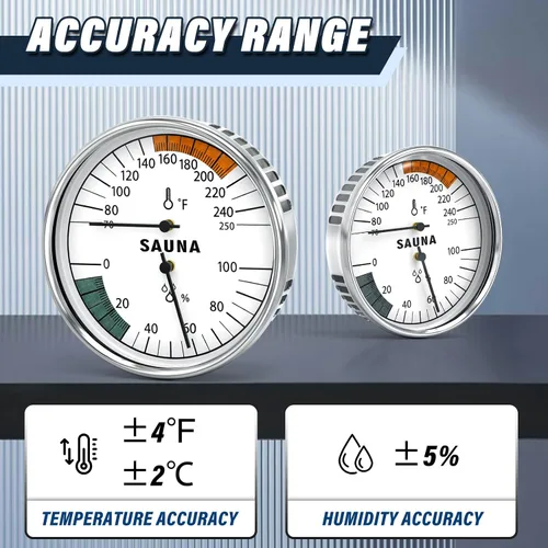 Miniatura 5 de MEANLIN MEASURE Termómetro e higrómetro 2 en 1 Fahrenheit, medidor de termómetro de acero inoxidable, 70-250°F, 0-100% HR para sala de sauna