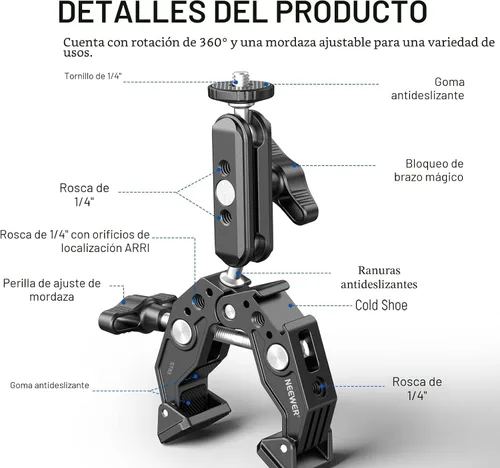 Miniatura 2 de NEEWER Super Clamp con Brazo Mágico de Cabeza Esférica Doble de 3", Zapata Fría, Roscas de 1/4", Adaptador de Montaje para Cámara de Teléfono/Acción