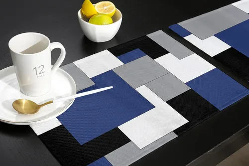 Miniatura 5 de Juego de 4 manteles individuales geométricos abstractos para comedor, mesa de comedor, color azul de mediados de siglo, nórdico, lavables
