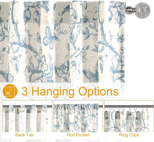 Miniatura 5 de DWCN Cortinas traslúcidas de lino floral, bolsillo para barra y pestaña trasera, cortina de mezcla de lino para dormitorio, sala de estar, cortinas