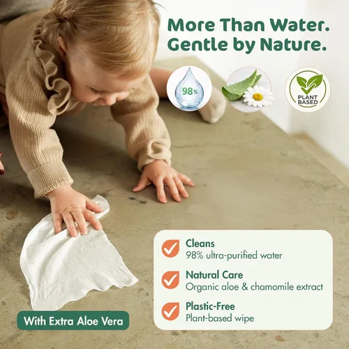 Miniatura 3 de Naty Toallitas para bebés Aloe 98% de agua, hipoalergénicas y naturales para pieles sensibles Sin perfume, a base de plantas, sin fragancia