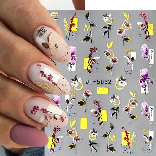 Miniatura 9 de Calcomanías de uñas bronceadas en relieve 5D, 3 hojas de flores de primavera, hierba, pájaro, calcomanías de arte de uñas, accesorios de uñas