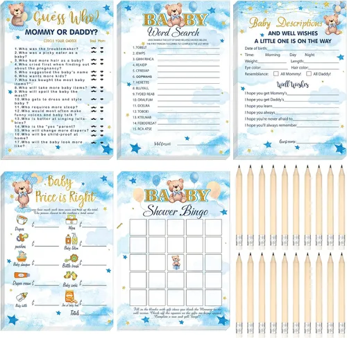 Miniatura 17 de Yinder 145 tarjetas de actividades para juegos de baby shower con 20 lápices, incluye descripción de bingo para bebés y deseos, adivina quién es