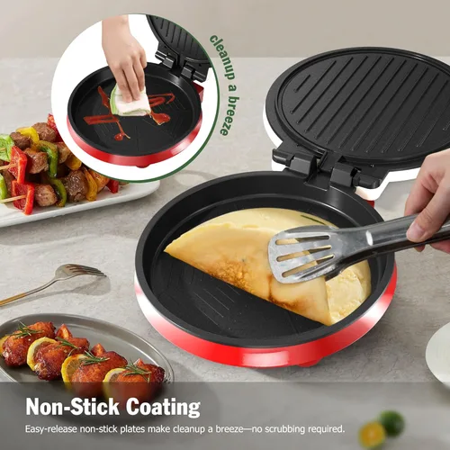 Miniatura 5 de KEINVE Máquina de pizza de 1000 W, plancha 2 en 1 para interiores y cocina de pizza, placa antiadherente abierta de 8.5 pulgadas de 180°