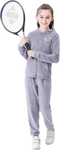 V.&GRIN Girls 2 Piece Outfit Tracksuit Velour Zip-Up Hooded Sweatshirt and Athletic Sweatpants Clothes Kids Jogger Set