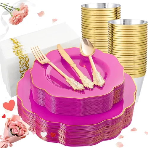 Miniatura 23 de NOCCUR 175 platos de plástico color oro rosa con cubiertos desechables, incluye 25 platos de cena, 25 platos de postre, 25 tenedores, 25 cuchillos