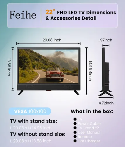 Miniatura 7 de Feihe TV de 22 pulgadas, 1080p LED de pantalla ancha HDTV con sintonizadores ATSC digitales, TV de pantalla plana con HDMI/VGA/RCA/USB para cocina