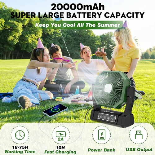 Miniatura 2 de Multper Ventilador portátil, ventilador de campamento de 20000 mAh con linterna LED y control remoto, ventilador recargable de 4 velocidades y 4
