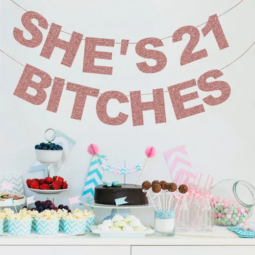 Miniatura 6 de Decoraciones de 21 cumpleaños para ella – NO DIY – She's 21 Bitches Negro Glitter Banner divertido Feliz 21 cumpleaños fiesta cartel decoración