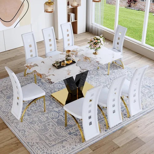 Miniatura 9 de Juego de mesa de comedor de 71 pulgadas para 6, moderno juego de mesa de comedor para 6, mesa de comedor de mármol con 6 sillas de comedor de piel
