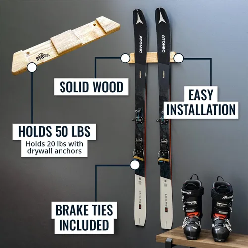Miniatura 3 de StoreYourBoard Soporte de pared horizontal de madera para esquís – Organizador de pared de esquí resistente, soportes de esquí que ahorran espacio