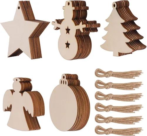 50 piezas de adornos de madera en blanco para pintar sin terminar para el festival navideño, rebanadas de madera para colgar en el árbol de Navidad