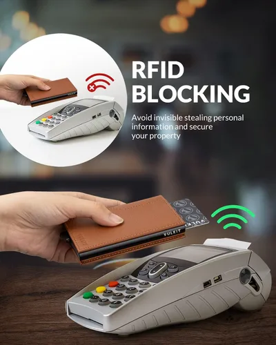 Miniatura 5 de VULKIT Tarjetero con ventana de identificación tarjetas emergentes cartera delgada de cuero con protección RFID hasta 12 tarjetas Marrón Minimalista