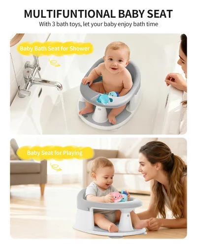 Miniatura 9 de Asiento de baño para bebés de 6 meses en adelante, asientos de baño para bebés sentados, 3 juguetes de baño para bebés, diseño abierto, Gris