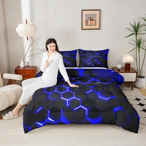 Miniatura 3 de Erosebridal Juego de Edredón de Panal, Juego de Ropa de Cama Geométrica de Luz Neón Queen para Niños Varones y Adolescentes, Juegos de Edredón