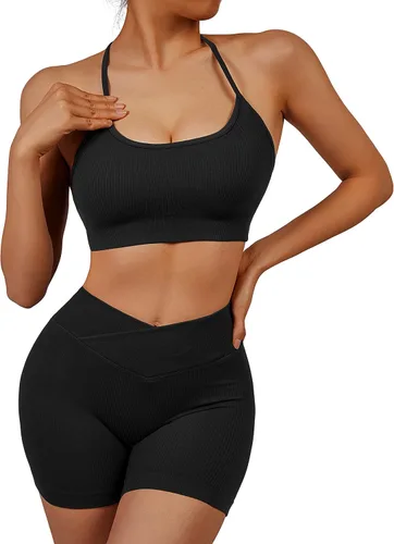 Miniatura 2 de OMKAGI Conjuntos de entrenamiento para mujer, sin costuras, brasier deportivo, levantamiento de glúteos, pantalones cortos de entrenamiento