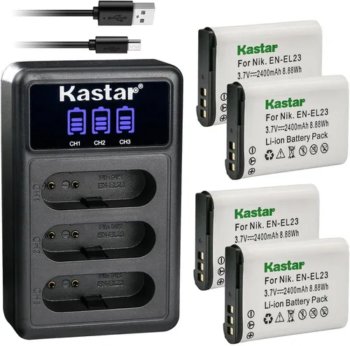 Kastar 4 Pack EN-EL23 Battery and LCD Triple USB Charger Compatible with Nikon EN-EL23 ENEL23 Battery, Nikon MH-67 MH-67P Charger, Nikon Coolpix