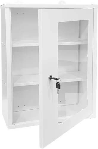 JZD Gabinete de primeros auxilios de pared de metal con cerradura, caja de medicina con ventana acrílica bloqueable (no de vidrio), incluye 2