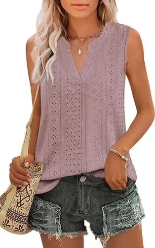 Zwurew Camiseta sin mangas para mujer, ajuste holgado, sin mangas, cuello en V, camisola, elegante, casual, con ojales, para verano, blusa fluida