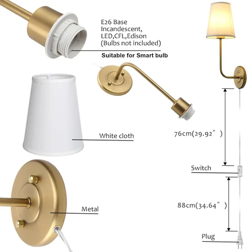 Miniatura 7 de Pathson Set of 2 Plug in Wall Sconces, Rustic Wall Lighting Fixtures with On/Off Switch and Pure White Fabric Lampshade, Antique Brass Wall Lamps