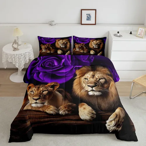 Miniatura 42 de Erosebridal Juego de ropa de cama de guepardo con rosa azul, juego de edredón con estampado de leopardo y gato, edredón romántico de plumón