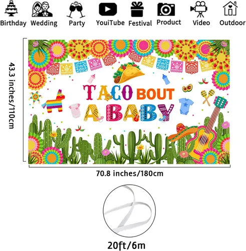 Miniatura 4 de Avezano Taco Bout a Baby - Fondo de fiesta mexicana para baby shower, pancarta temática de cactus neutro, 70.8 x 43.3 pulgadas