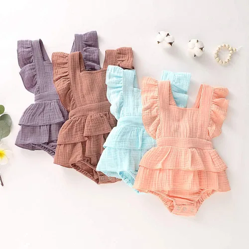 Miniatura 6 de Douhoow Mameluco de bebé niña mameluco con volantes de una sola pieza ropa de lino de algodón