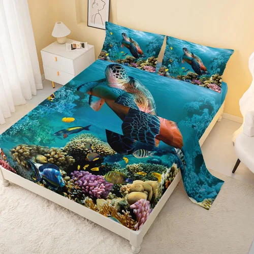 CVHOUSE Juego de sábanas bajeras de tortuga marina, tamaño individual, juego de ropa de cama de tortuga para niños y niñas, 1 sábana encimera y 1 A4