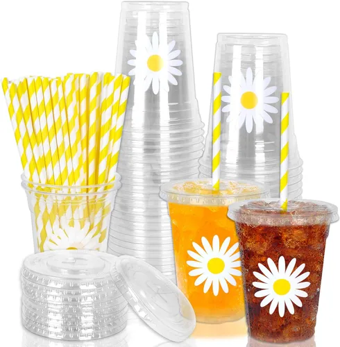 Miniatura 8 de Whaline 50 vasos de plástico desechables patrióticos de 12 onzas con tapas y pajitas con la bandera estadounidense del 4 de julio, vasos