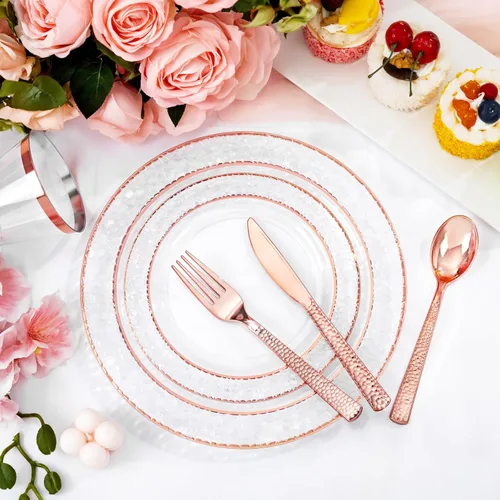 Miniatura 7 de Ciaell 150 platos de plástico de oro rosa – Platos desechables con cubiertos de plástico de oro rosa incluyen 50 platos, 25 tenedores, 25 cuchillos