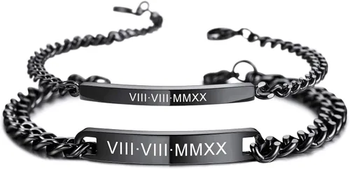 Miniatura 11 de MeMeDIY Juego de pulseras personalizadas para parejas, grabado personalizado con nombre/fecha para hombres, mujeres, novio, novia, acero inoxidable