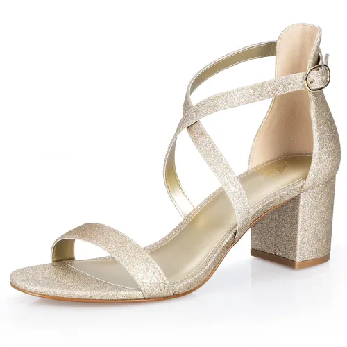 Ankis Sandalias cómodas de tacón grueso con tiras de 2.25 pulgadas, color dorado plateado, nude, negro, blanco, con correa cruzada ajustable