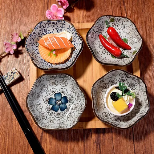 Miniatura 5 de Juego de 4 cuencos japoneses de cerámica en forma de flor, platos pequeños de 4 pulgadas para salsa de soja, condimentos, sushi, aperitivos