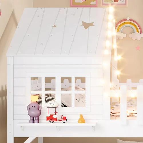 Miniatura 26 de Marco de cama de tamaño matrimonial para niños con escaleras, bonito techo y ventana en forma de estrella para niños y niñas, cama de plataforma