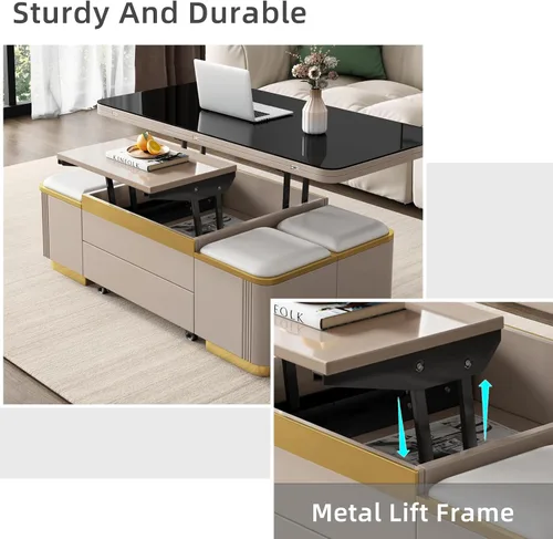 Miniatura 5 de Guyii Mesa de centro elevable con taburetes de almacenamiento, mesa central 3 en 1, altura ajustable, mesa plegable para sala de estar, ahorro
