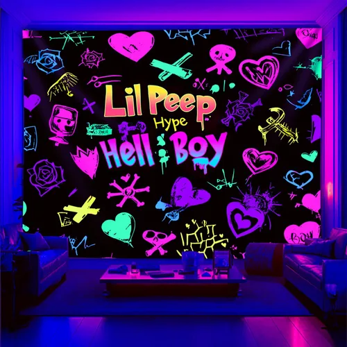 Miniatura 8 de PSYHILAR Blacklight Lil Peep Tapestry, Pósteres de Luz Negra para Dormitorio, Bandera UV Star Shopping Rapper (40 x 30 Pulgadas)